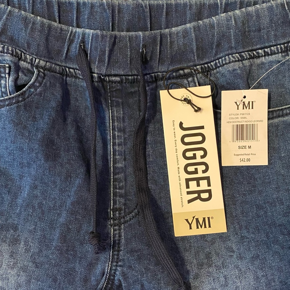 Denim Joggers High Rise Indigo Leopard Frayed Hem Drawstring Waist Size Medium - Picture 10 of 16